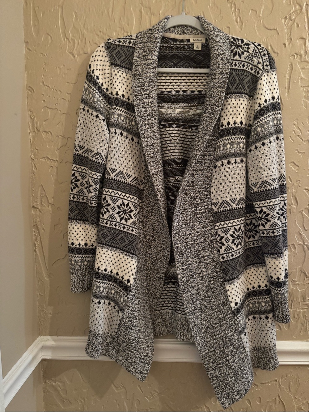 LL Bean Cardigan Womens XS Gray Nordic Fair Isle Short Sleeve Open Front Sweater